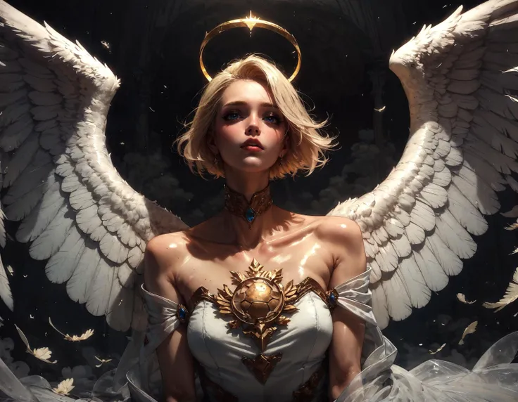 score_9, score_8_up, score_7_up, score_6_up, score_5_up, score_4_up, 1girl, angel, white wings, feathered wings, large wings, blonde hair, short hair, golden halo, posing, female focus, white dress, silk robe, tall neck dress, turtle neck, suggestive pose, solo, perfect female body, perfect eyes, posing for magazine, shiny skin