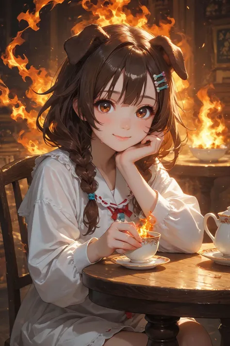 looking at viewer,detailed background,Cinematic Lighting,film grain,score_9,score_8_up,score_7_up,masterpiece,best quality,highly detailed,
<lora:(增强)sdxl_lightning_8step_lora:1>,<lora:glowneon_xl_v1:1>,glowing,<lora:Expressive_H:0.8>,Expressiveh,<lora:th3rm4lXLP:0.4>,th3rm4l,colorful,
1girl,animal ears,brown hair,smile,cup,virtual youtuber,solo,dog ears,brown eyes,(fire:1.2),inugami korone,holding,bangs,sitting,long sleeves,teacup,blush,food,chair,table,sweat,indoors,closed mouth,dog girl,chibi,looking at viewer,(burning:1.2),