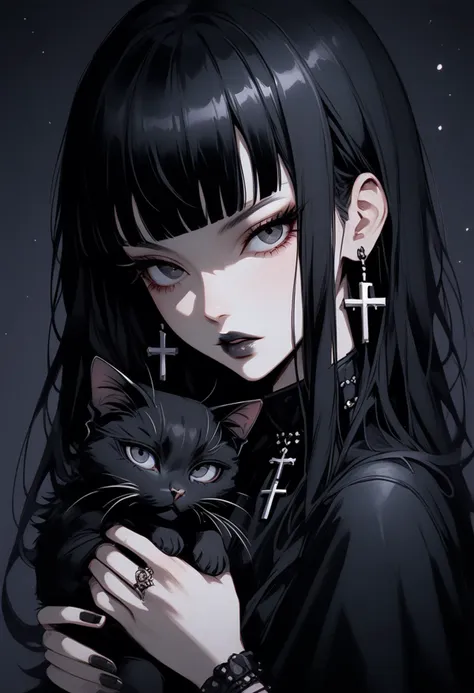 score_9, score_8_up, score_7_up, Goth girl, goth girl 1girl, 1girl,solo,long hair,looking at viewer,bangs,black hair,holding,jewelry,upper body,earrings,parted lips,blunt bangs,nail polish,black eyes,animal,cat,cross,portrait,black nails,dark,black cat,holding animal,cross earrings,black theme, <lora:add-detail-xl:0.4> , <lora:[GP] somethingweird [Pony XL]:0.2>, <lora:g0th1cPXL:0.3>,  <lora:Goth_girl_XL-v2:0.8> ,<lora:st4t1ctvXLP:0.8>