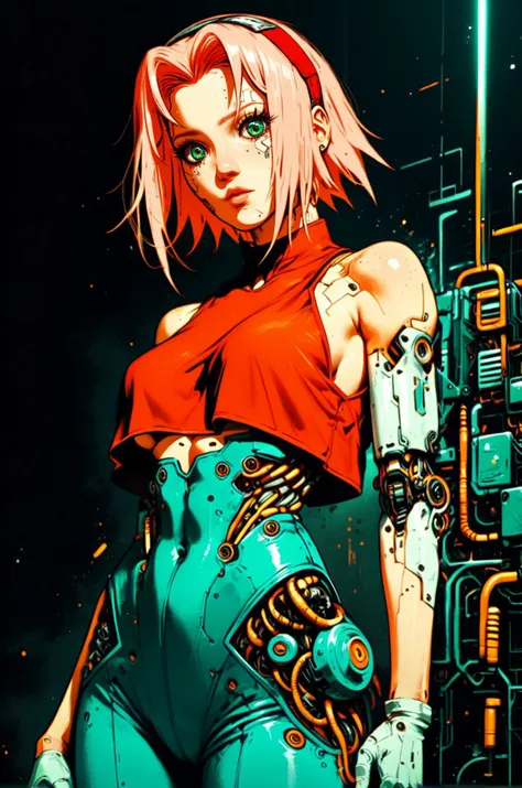 biomechanical cyberpunk high quality, high detail, 8k, cyberpunk, lonely girl, haughty expression, looking down at viewer, Haruno Sakura, pink hair, short hair, green eyes, sexy body, light makeup, crop top, leggings, dark background <lora:Expressive_H:0.5> <lora:SakuraShippudenXL:0.9> <lora:y4sh1r0XLP:0.3> <lora:sdxl_lightning_8step_lora:0.4> <lora:Neon_Splash_Art_for_Pony:0.9> <lora:Kenva:0.8>, score_9, score_8_up, score_7_up . cybernetics, human-machine fusion, dystopian, organic meets artificial, dark, intricate, highly detailed