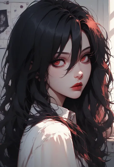 score_9, score_8_up, score_7_up, 1girl, Goth girl, solo, drawing, eyelashes, (powder hair), hair lines, straight hair,  hair between eyes, spiky hair, (red eyes,  eyelashes, makeup), casual outfit, white shirt, eyes focus, black stroke, indoors, cute, adult, <lora:add-detail-xl:0.4> , <lora:[GP] somethingweird [Pony XL]:0.15>, <lora:g0th1cPXL:0.3>, <lora:Goth_girl_XL-v2:0.8> ,<lora:st4t1ctvXLP:0.8>