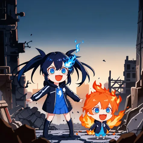 score_9, score_8_up, score_7_up, source_anime, 1girl,
 <lora:GyateGyate_pdxl_Incrs_v1:1.1> ,open mouth, smile, chibi, :d, :3,
 <lora:blackrockshooter_blackrockshooter_ponyXL:1> ,blackrockshooter, twintails, flaming eye, blue flame, black coat, open jacket,
 <lora:MakuraAnimePony:1>, <lora:par0llelXLP:1> ,par0llel,
dark, destroyed city in the background, city ruins, explosion