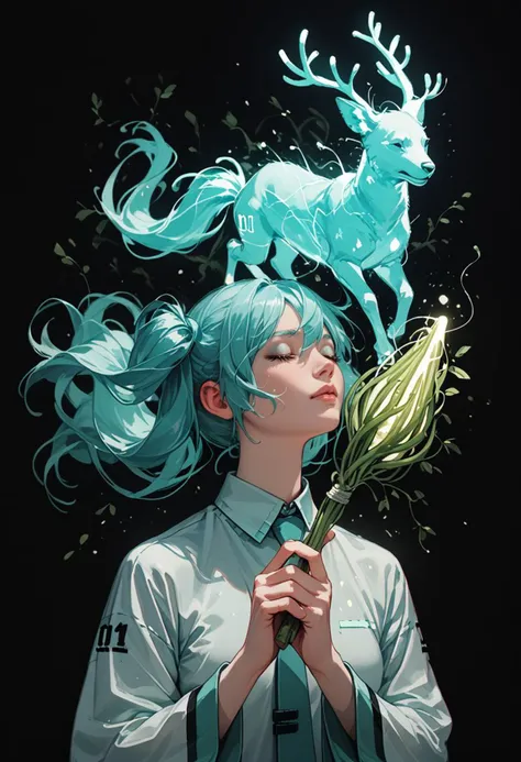 score_9,score_8_up,score_7_up,score_6_up,score_5_up,
<lora:Patronus:1>,p4tr0nus,<lora:Vixon's Pony Styles Teng:0.8>,t3ng,
black background,green theme,glowing,
closed eyes,hatsune miku,spring onion,holding spring onion,