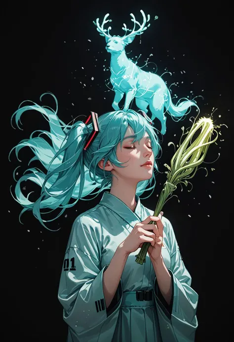 score_9,score_8_up,score_7_up,score_6_up,score_5_up,
<lora:Patronus:1>,p4tr0nus,<lora:Vixon's Pony Styles Teng:0.8>,t3ng,
black background,green theme,glowing,
closed eyes,hatsune miku,spring onion,holding spring onion,