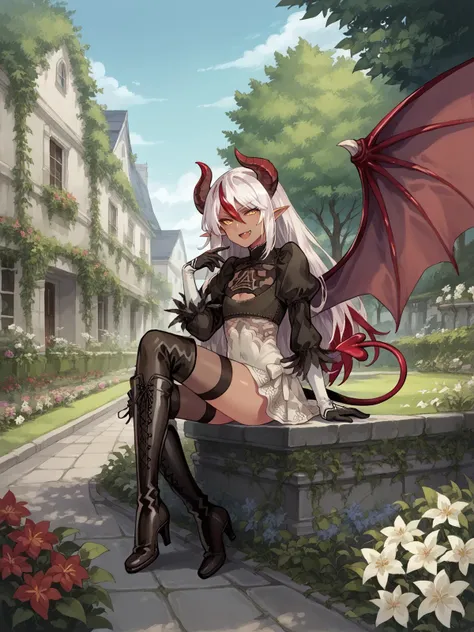 (score_9, score_8_up, score_7_up, score_6_up), source anime, (solo), (masterpiece), 1girl, perfect face, MGE, MGE artstyle, (expressive yellow eyes), ((dark skin)), (succubus), long hair, (white and red highlights), wings, leathery wings, hip wings, prehensile tail, demon tail, horns, fang, flat chest, pointy ears, consistent features, Succubus, curved segmented horns, tattoo, thighhigh fur, colored sclera, (red sclera), <lora:MGE_V5.3:0.85>, <lora:4byssXLP:0.7> , 4byss, <lora:4t4rXLP:0.6> , 4t4r, (sitting), seductive pose, mischievous, smirk, midriff, <lora:backgroundsetXL:0.4>, background, outdoor, garden, courtyard, house, <lora:2bOutfitDwnsty:0.4> , twobskirt, nier dress, black skirt, thighhighs under boots,