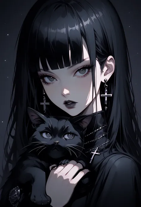 score_9, score_8_up, score_7_up, Goth girl, goth girl 1girl, 1girl,solo,long hair,looking at viewer,bangs,black hair,holding,jewelry,upper body,earrings,parted lips,blunt bangs,nail polish,black eyes,animal,cat,cross,portrait,black nails,dark,black cat,holding animal,cross earrings,black theme, <lora:add-detail-xl:0.4> , <lora:[GP] somethingweird [Pony XL]:0.2>, <lora:g0th1cPXL:0.3>,  <lora:Goth_girl_XL-v2:0.8> ,<lora:st4t1ctvXLP:0.8>