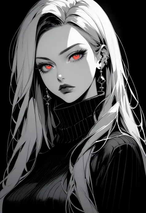 score_9, score_8_up, score_7_up, Goth girl 1girl,solo,long hair,breasts,looking at viewer,simple background,red eyes,jewelry,monochrome,upper body,greyscale,earrings,sweater,turtleneck,black background,spot color,turtleneck sweater, <lora:[GP] somethingweird [Pony XL]:0.15>, <lora:g0th1cPXL:0.3>,  <lora:Goth_girl_XL-v2:0.8> ,<lora:st4t1ctvXLP:0.8>