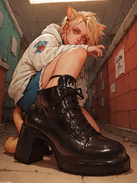 Himiko Toga wearing a black sweatshirt, black boots and a short skirt with black stockings (tattoos on arms and hands)