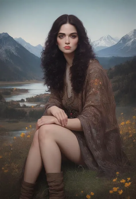 score_9, score_8_up, score_7_up, score_6_up, source_anime, realistic, 1girl, Renaissance woman, long dark hair, looking at viewer, mountain and river background, flirtatious, plump lips, large bosoms, posing seductively, on the side, sitting, pleased expression, <lora:1r3gl1XLP:0.5> 1r3gl1, trippy, <lora:ph4nt0m01lXLP:0.2> ph4nt0m01l <lora:kl1mtXLP:0.5> kl1mt, <lora:c0rb3nXLP:0.1> c0rb3n <lora:m03b1us:0.2> m03b1us