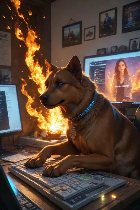 looking at viewer,detailed background,Cinematic Lighting,film grain,score_9,score_8_up,score_7_up,masterpiece,best quality,highly detailed,
<lora:(增强)sdxl_lightning_8step_lora:1>,<lora:glowneon_xl_v1:1>,glowing,<lora:Expressive_H:0.8>,Expressiveh,<lora:th3rm4lXLP:0.4>,th3rm4l,colorful,
realistic,computer,(no humans),keyboard (computer),monitor,english text,dog,(fire:1.2),animal,indoors,(burning:1.2),