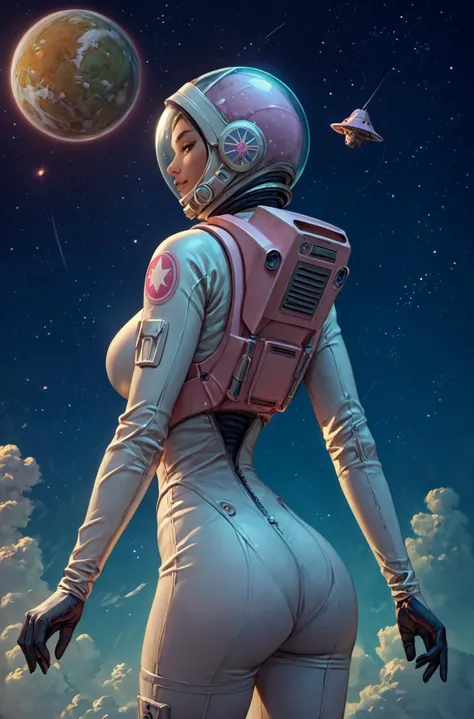 score_9, score_8_up, score_7_up, score_6_up, score_5_up, detailed, BREAK vivid colors, detailed background, extraterrestrial planet, high mountains, a lot of planets at background, tiny sun at background, space, space nebular, (colorful nebular), space nebular, from behind, BREAK t0sh14,(female), petite, skin tight astronaut suit, pink astronaut suit, astronaut, BREAK high and rough Mountains BREAK tiny sun<lora:t0sh14XLP:0.7> <lora:Vivid Midjourney mimic - XL pony v2.0:0.7>