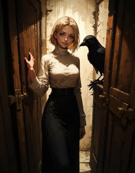 score_9, score_8_up, score_7_up, score_6_up, score_5_up, score_4_up, 1girl, blonde hair, short hair, large breasts, long hair, smile, feral, dark, doorway, raven, crow, dark corridor, long corridor