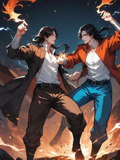 score_9,score_8_up,score_7_up,
<lora:Vixon's Pony Styles Bukk:0.8>,
multiple boys,2boys,male focus,brown hair,fire,jacket,pants,pyrokinesis,electricity,black hair,fighting stance,muscular,brothers,