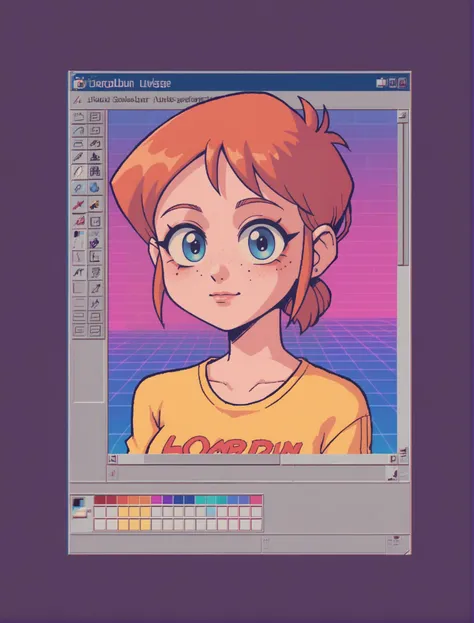 score_9, score_8_up, score_7_up, source_anime BREAK  win98, fake screenshot, 1990s \(style\), retrowave, (1girl),shizoeyes, valbun,wavy long red hair, ginger hair, freckles, open forehead, blue  eyes,yandex, yellow tshirt, luminescent background, glowing, cel shading,  brown theme, neon, astract, <lora:valbun_v2:0.6>,  <lora:win98XLP:1>