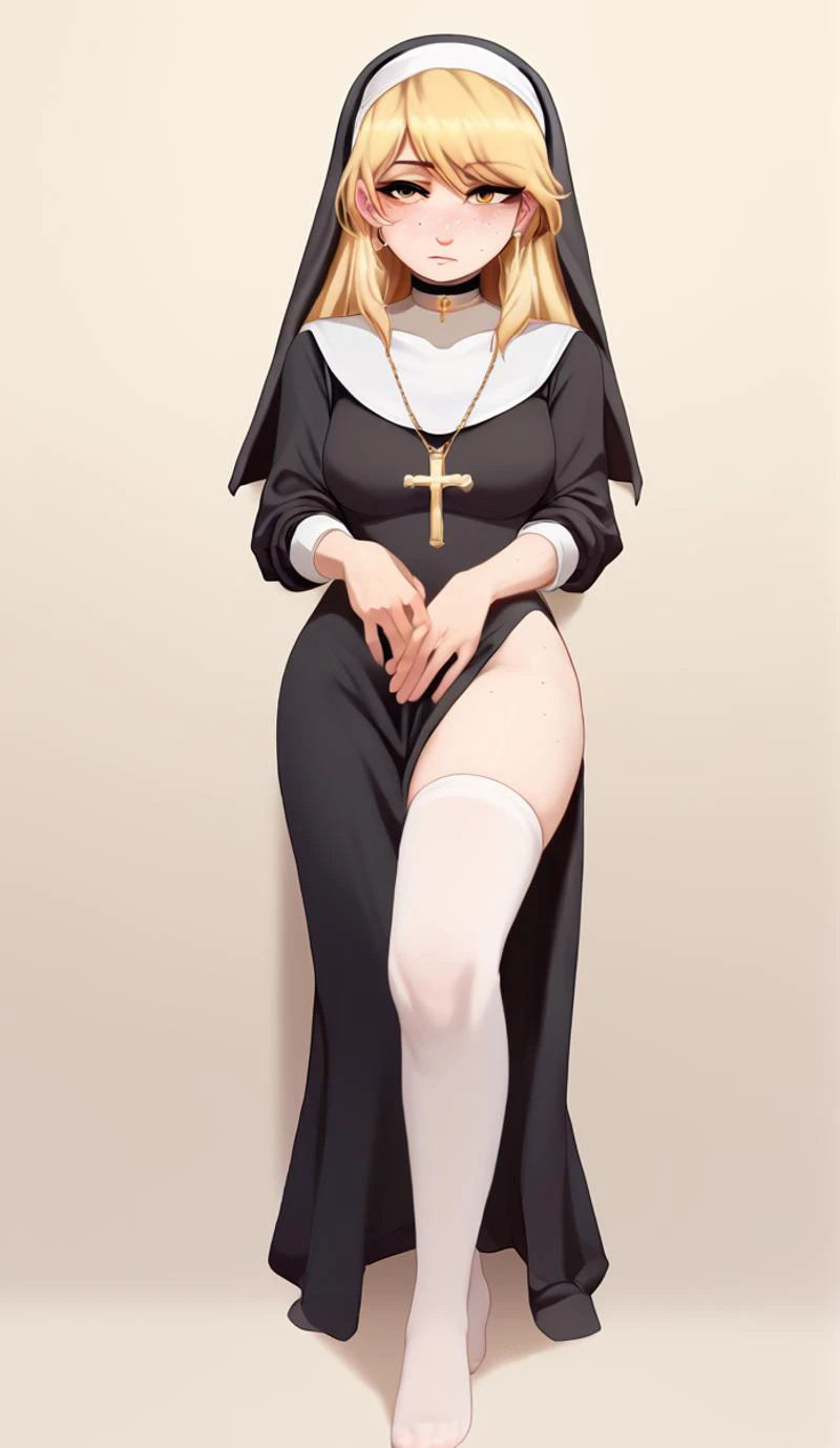 <lora:Expressive_H:1> <lora:nun_pony_V1.0:0.7> <lora:p1ckl3XLP:1> <lora:Lunas-JLullaby-SDXL-A3:1> score_9, score_8_up, toon, 1girl, long blonde hair, amber eyes, freckles, solo focus, choker, dumb look, medium breasts, thighhighs, nun, cross, expressiveh, p1ckl3, jlullaby, full body, detailed face