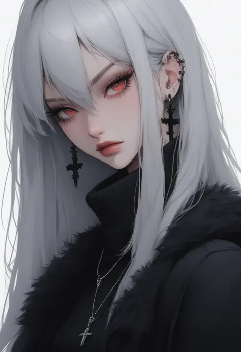 score_9, score_8_up, score_7_up, Goth girl, goth girl 1girl, 1girl,solo,long hair,looking at viewer,bangs,simple background,red eyes,white background,hair between eyes,jewelry,jacket,upper body,white hair,grey hair,earrings,necklace,sweater,lips,fur trim,eyelashes,turtleneck,piercing,cross,ear piercing,portrait,turtleneck sweater, black sweater,cross earrings,  <lora:add-detail-xl:0.4> , <lora:[GP] somethingweird [Pony XL]:0.2>, <lora:g0th1cPXL:0.3>,  <lora:Goth_girl_XL-v2:0.8> ,<lora:st4t1ctvXLP:0.8>