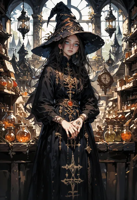 score_9, score_8_up, score_7_up, 1girl,long hair,solo,witch hat,pale skin,shiny,jewelry,black nails,shiny skin,witch dress, fishnets,shiny hair,fingernails, arcane merchant, tattoo, in a magic store, potions on the walls, magic items, orbs, wands, medieval fantasy, 0ddmag1c, curio, shop, oddity <lora:cr33pp41ntXLP:0.8> cr33pp41nt <lora:Expressive_H-000001:0.8> expressiveh, <lora:sinfully_stylish_SDXL> <lora:Pony_DetailV1.0> <lora:oddities_shop_specimen:0.8>