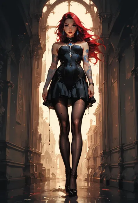 score_9,score_8_up,score_7_up,score_6_up,score_5_up,score_4_up,rating_questionable,rating_explicit,nsfw,complex environment,complex gothic setting,mature_female,/BREAK/ petite body,long hair,(red hair),hair flying in the air,blue garnet colored eyes,raised arm,complex background,up body,tattoos,tattoo,/BREAK/ dramatic angle,unique perspective,standing_on_liquid,walking_on_liquid,unique angle,epiCRealism,ultra detailed,hight resolution textures,masterpiece,great_lighting,full body,very tight leader dress,pantyhose,bare foot,<lora:great_lighting:0.7>,<lora:add-detail-xl:1>,<lora:Fant5yP0ny:0.7>,<lora:l0f1XLP:0.6>,<lora:g0th1cPXL:0.7>,<lora:4rc4n3XLP:0.6>,