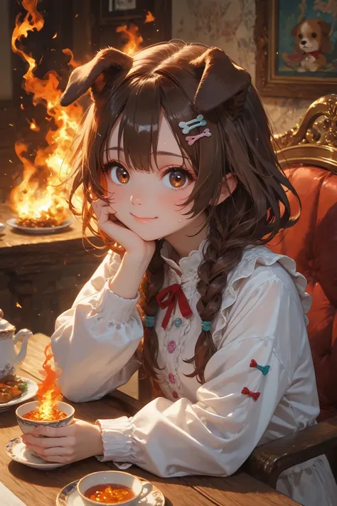 looking at viewer,detailed background,Cinematic Lighting,film grain,score_9,score_8_up,score_7_up,masterpiece,best quality,highly detailed,
<lora:(增强)sdxl_lightning_8step_lora:1>,<lora:glowneon_xl_v1:1>,glowing,<lora:Expressive_H:0.8>,Expressiveh,<lora:th3rm4lXLP:0.4>,th3rm4l,colorful,
1girl,animal ears,brown hair,smile,cup,virtual youtuber,solo,dog ears,brown eyes,(fire:1.2),inugami korone,holding,bangs,sitting,long sleeves,teacup,blush,food,chair,table,sweat,indoors,closed mouth,dog girl,chibi,looking at viewer,(burning:1.2),
