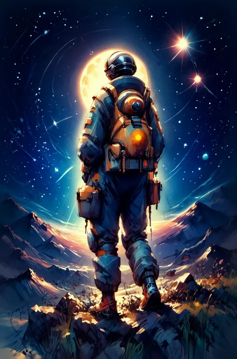 score_9, score_8_up, score_7_up, score_6_up, score_5_up, detailed, BREAK vivid colors, detailed background, extraterrestrial planet, high mountains, a lot of planets at background, tiny sun at background, space, space nebular, (colorful nebular), space nebular, from behind, inksketch BREAK t0sh14,(female), petite, skin tight astronaut suit, pink astronaut suit, astronaut, BREAK high and rough Mountains BREAK tiny sun<lora:t0sh14XLP:0.7> <lora:Vivid Midjourney mimic - XL pony v2.0:0.7> <lora:Painters_Sketchbook:1>