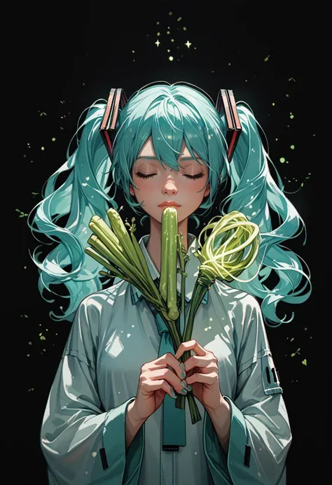 score_9,score_8_up,score_7_up,score_6_up,score_5_up,
<lora:Patronus:1>,p4tr0nus,<lora:Vixon's Pony Styles Teng:0.8>,t3ng,
black background,green theme,glowing,
closed eyes,hatsune miku,spring onion,holding spring onion,