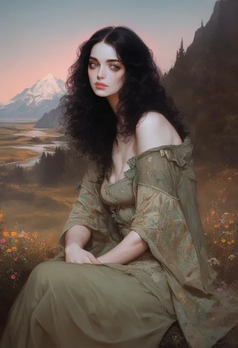 score_9, score_8_up, score_7_up, score_6_up, source_anime, realistic, 1girl, Renaissance woman, long dark hair, looking at viewer, mountain and river background, flirtatious, plump lips, large bosoms, posing seductively, on the side, sitting, pleased expression, <lora:1r3gl1XLP:0.5> 1r3gl1, trippy, <lora:ph4nt0m01lXLP:0.2> ph4nt0m01l <lora:kl1mtXLP:0.5> kl1mt, <lora:c0rb3nXLP:0.1> c0rb3n