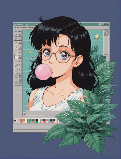 score_9, score_8_up, score_7_up, source_anime BREAK win98, fake screenshot, 1990s \(style\), retrowave,pov, yandere trance, , (1girl), (((inflated gum, bubble gum,))), ((black rim glasses)), star pupils, blue eyes. plants, hearts, long hair, pale skin, from behind, stars, black hair, short messy wavy hair, (snake eyes), wearing band tshirt, shorts, half body, closed mouth, , light brown theme, RETRO, <lora:win98XLP:1> <lora:urushihara-lora04_PonyXL:0.4>