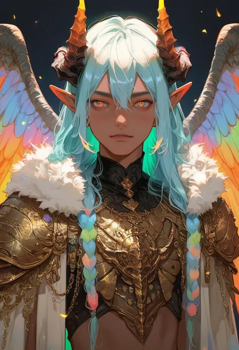 score_9, score_8_up, score_7_up, score_6_up, source_anime, realistic, young man, 1boy, naughty face, male focus, horns, long hair, slim body, dark skin, rustic nature motif, iridescent, expressive face, black metal, ornate armor, fur trim, elf ears, midriff, wings, facing side way, <lora:Ichiru_XL_V10_OPT:0.3> ichiru <lora:l1fl4gXLP:0.5> l1fl4g <lora:Expressive_H:0.5> Expressiveh <lora:1r3gl1XLP:0.5> <lora:m03b1us:0.3> m03b1us <lora:th3rm4lXLP:0.3> th3rm4l ,colorful, thermal, orange, green, yellow, blue