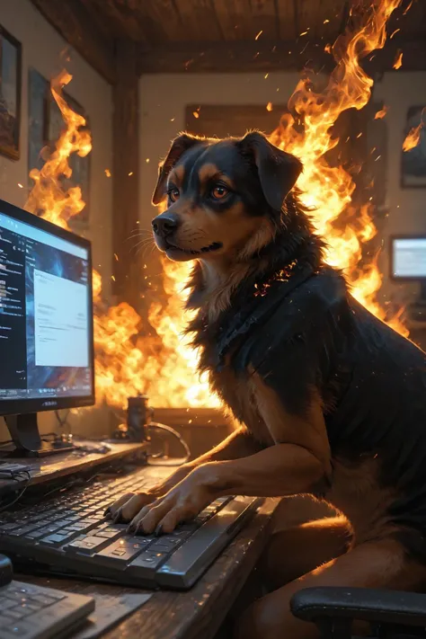 looking at viewer,detailed background,Cinematic Lighting,film grain,score_9,score_8_up,score_7_up,masterpiece,best quality,highly detailed,
<lora:(增强)sdxl_lightning_8step_lora:1>,<lora:glowneon_xl_v1:1>,glowing,<lora:Expressive_H:0.8>,Expressiveh,<lora:th3rm4lXLP:0.4>,th3rm4l,colorful,
realistic,computer,(no humans),keyboard (computer),monitor,english text,dog,(fire:1.2),animal,indoors,(burning:1.2),