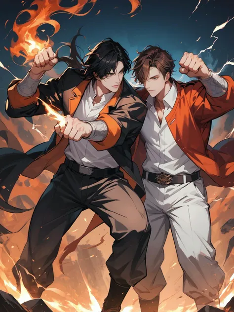 score_9,score_8_up,score_7_up,
<lora:Vixon's Pony Styles Bukk:0.8>,
multiple boys,2boys,male focus,brown hair,fire,jacket,pants,pyrokinesis,electricity,black hair,fighting stance,muscular,brothers,