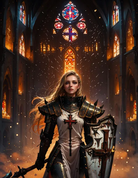 score_9, score_8_up, score_7_up, score_6_up, score_5_up, score_4_up, masterpiece, high quality, solo, crsadr, knight, pauldrons, full armor, long hair, gauntlets, shield, pelvic curtain, faulds, holding weapon, flail, braid, side cut, magic, holy light, golden sorcery, upper body, in a church, white fabric