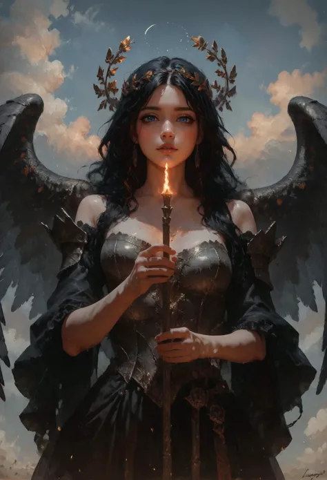 score_9, score_8_up, score_7_up, 1girl, portrait, valkyrie in gorgeous armor is holding a spear in hand, (solo), standing, golden laurel wreath crown, goddess, pale skin, beautiful face, armored dress, wings, looking at viewer, cloudy sky, holy light, light from clouds, fantasy theme <lora:pony/twilight_style:0.8> <lora:pony/expressiveh:0.8> expressiveh <lora:pony/vixon_gothic_oil_style:0.6> d4rk01l <lora:sdxl/sinfully_stylish_sdxl>