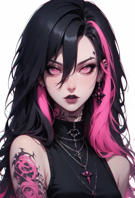 score_9, score_8_up, score_7_up, Goth girl, goth girl 1girl, 1girl,solo,looking at viewer, long hair,hair between the eyes,bare shoulders,jewelry,(black hair, pink hair,multicolored hair,glowing hair), tattoo, sleeveless,pink eyes,necklace,two-tone hair,lips,makeup,white  background,portrait,spot color,  <lora:add-detail-xl:0.4> , <lora:[GP] somethingweird [Pony XL]:0.2>, <lora:g0th1cPXL:0.3>,  <lora:Goth_girl_XL-v2:0.8> ,<lora:st4t1ctvXLP:0.8>
