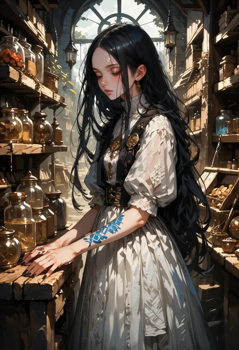 score_9, score_8_up, score_7_up, 1girl,long hair,solo,black hair,pale skin,shiny,jewelry,black nails,shiny skin,white dress,shiny hair,fingernails, arcane merchant, blue tattoo, in a magic store, potions on the walls, magic items, orbs, wands, medieval fantasy, 0ddmag1c, curio, shop, oddity <lora:cr33pp41ntXLP:0.8> cr33pp41nt <lora:Expressive_H-000001:0.8> expressiveh, <lora:sinfully_stylish_SDXL> <lora:Pony_DetailV1.0> <lora:oddities_shop_specimen:0.8>