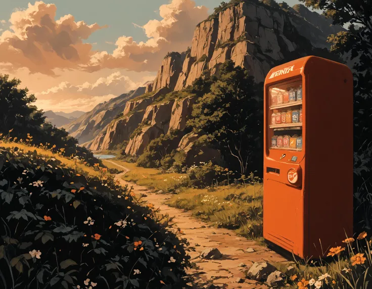 score_9, score_8_up, score_7_up, score_6_up,((no humans)), landscape, source_anime,<lora:MJ52:.65> , vending machine, trail, <lora:floodStyleD:.6>, <lora:m1ntfl4v0rXLP:.6> m1ntfl4v0r, <lora:PastelStylePonyXL:1> pastel style