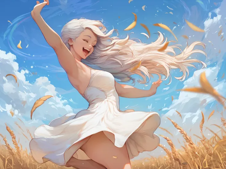score_9, score_8_up, score_7_up, 1girl, solo focus, pale skin, white hair, dancing, closed eyes, wearing short white dress, csr style, happy, closeup, impending thunderstorm, field of wheat background, <lora:cutesexyronutts_style_xl:0.8>, <lora:PerfectEyesXL:1>, <lora:3m0t3XLP:0.8>, detailed