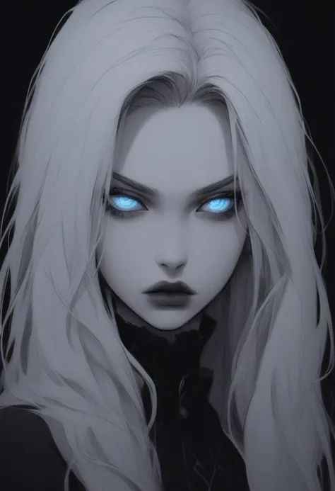 score_9, score_8_up, score_7_up, Goth girl, goth girl 1girl, 1girl,solo,long hair,looking at viewer,blue eyes,simple background,closed mouth,monochrome,white hair,lips,glowing,black background,portrait,glowing eyes, <lora:add-detail-xl:0.4> , <lora:[GP] somethingweird [Pony XL]:0.2>, <lora:g0th1cPXL:0.3>,  <lora:Goth_girl_XL-v2:0.8> ,<lora:st4t1ctvXLP:0.8>