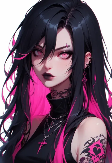 score_9, score_8_up, score_7_up, Goth girl, goth girl 1girl, 1girl,solo,looking at viewer, long hair,hair between the eyes,bare shoulders,jewelry,(black hair, pink hair,multicolored hair,glowing hair), tattoo, sleeveless,pink eyes,necklace,two-tone hair,lips,makeup,white  background,portrait,spot color,  <lora:add-detail-xl:0.4> , <lora:[GP] somethingweird [Pony XL]:0.2>, <lora:g0th1cPXL:0.3>,  <lora:Goth_girl_XL-v2:0.8> ,<lora:st4t1ctvXLP:0.8>