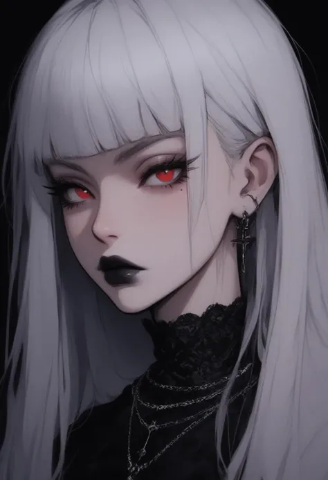 score_9, score_8_up, score_7_up,Goth girl, goth girl 1girl, 1girl,solo,long hair,looking at viewer,bangs,red eyes,jewelry,upper body,white hair,earrings,blunt bangs,necklace,mole,eyelashes,mole under eye,makeup,lipstick,black background,black lips, <lora:add-detail-xl:0.4> , <lora:[GP] somethingweird [Pony XL]:0.2>, <lora:g0th1cPXL:0.3>,  <lora:Goth_girl_XL-v2:0.8> ,<lora:st4t1ctvXLP:0.8>