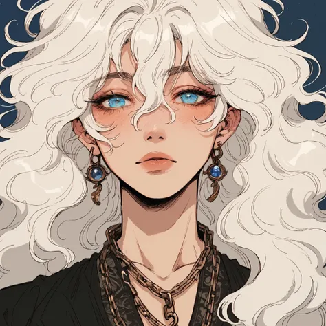 score_9, score_8_up, score_7_up, score_6_up, score_5_up, score_4_up, 1boy, portrait, androgynous, white hair, long hair, wavy hair, hair between eyes, bangs, blue eyes, looking at viewer, beautiful eyes, chain necklace, <lora:90s4n1m3XLP:0.65> 90s4n1m3, <lora:3mpr3ss3XLP:0.65> 3mpr3ss3 <lora:blu3sXLP:0.45> blu3s, <lora:Sinozick_Style_XL_Pony:0.5> sinozick style, <lora:detail_eyes:1> detail1eye,