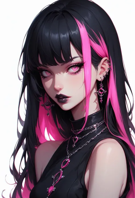 score_9, score_8_up, score_7_up, Goth girl, goth girl 1girl, 1girl,solo,looking at viewer, long hair,bangs,bare shoulders,jewelry,(black hair, pink hair,multicolored hair,glowing hair), sleeveless,pink eyes,necklace,two-tone hair,lips,makeup,lipstick,white  background,portrait,spot color,  <lora:add-detail-xl:0.4> , <lora:[GP] somethingweird [Pony XL]:0.2>, <lora:g0th1cPXL:0.3>,  <lora:Goth_girl_XL-v2:0.8> ,<lora:st4t1ctvXLP:0.8>