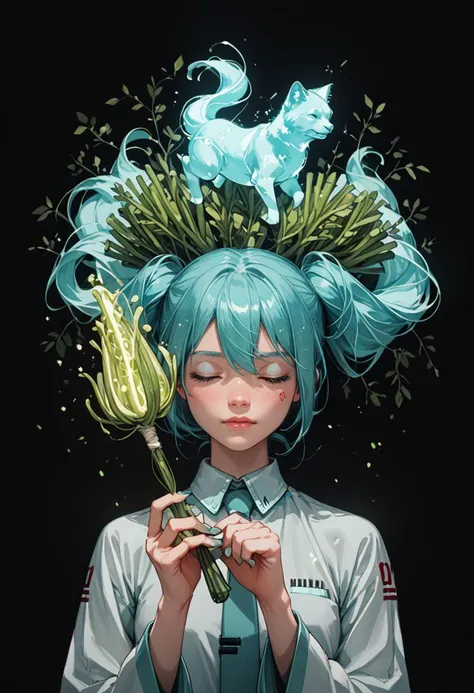score_9,score_8_up,score_7_up,score_6_up,score_5_up,
<lora:Patronus:1>,p4tr0nus,<lora:Vixon's Pony Styles Teng:0.8>,t3ng,
black background,green theme,glowing,
closed eyes,hatsune miku,spring onion,holding spring onion,