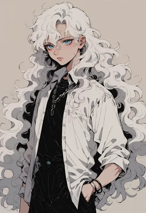 score_9, score_8_up, score_7_up, score_6_up, score_5_up, score_4_up, 1boy, androgynous, white hair, long hair, wavy hair, hair between eyes, bangs, blue eyes, looking at viewer, beautiful eyes, chain necklace, dress shirt, pose, bracelet, reaching towards viewer, hand in pocket, <lora:Sinozick_Style_XL_Pony:0.5> sinozick style, <lora:w4t3rc0l0urXLP:0.6> w4t3rc0l0ur <lora:90s4n1m3XLP:0.6> 90s4n1m3