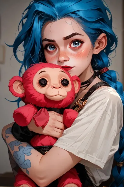 score_9, score_8_up, score_7_up,film photography, ,freckle,
35mm vintage photo, best quality, masterpiece, ,hyper-detailed,<lora:p3tl0v3XLP:1> p3tl0v3, (hugging toy monkey:1.2), <lora:sdxl_lightning_8step_lora:1> Film Grain,<lora:4rc4n3XLP:1>4rc4n3, bangs, 1girl, solo, jinx \(league of legends\),