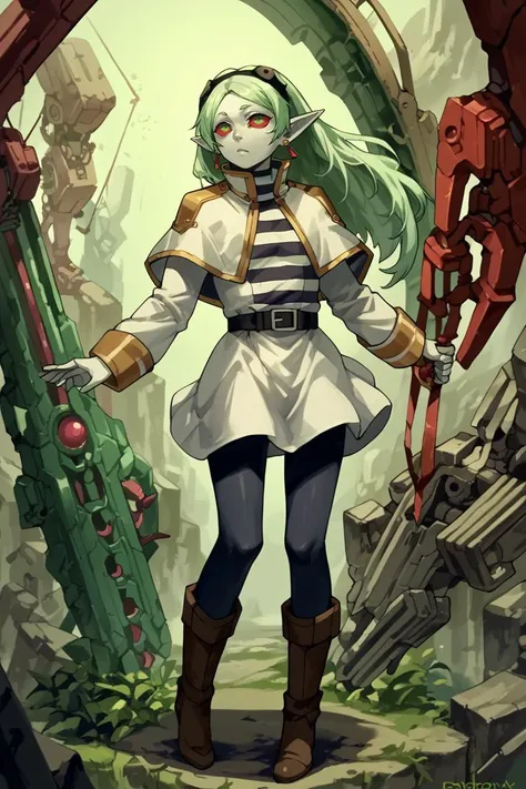 score_9, score_8_up, score_7_up, score_6_up, score_5_up, 1girl, solo, rebecca, long hair, green eyes, green hair, colored skin, colored sclera, white skin, red sclera, artificial eye, mechanical eye, cyborg, red pupils, earrings, white capelet, striped shirt, long sleeves, belt, white skirt, medium skirt, black pantyhose, brown boots
4byss
<lora:4byssXLP:1>  <lora:ChamFrierenPonyXLCame:1> <lora:cyberpunk-rebecca-s1-ponyxl-lora-nochekaiser:1>