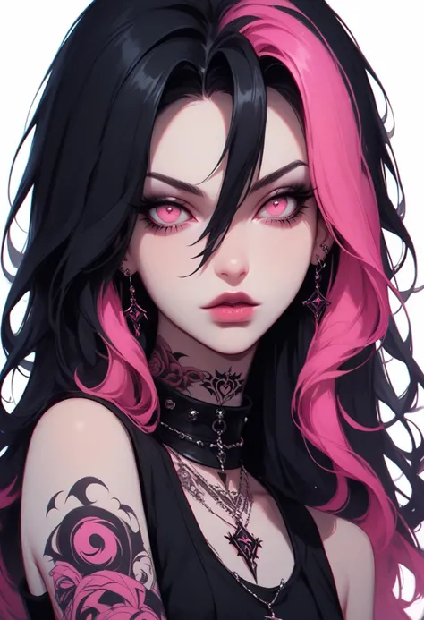 score_9, score_8_up, score_7_up, Goth girl, goth girl 1girl, 1girl,solo,looking at viewer, long hair,hair between the eyes,bare shoulders,jewelry,(black hair, pink hair,multicolored hair,glowing hair), tattoo, sleeveless,pink eyes,necklace,two-tone hair,lips,makeup,white  background,portrait,spot color,  <lora:add-detail-xl:0.4> , <lora:[GP] somethingweird [Pony XL]:0.2>, <lora:g0th1cPXL:0.3>,  <lora:Goth_girl_XL-v2:0.8> ,<lora:st4t1ctvXLP:0.8>