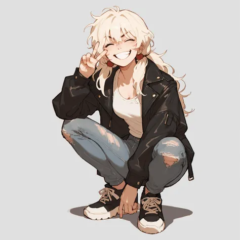 score_9, score_8_up, score_7_up, score_6_up, score_5_up, score_4_up, source_anime, 1girl, squatting, hands on own knees, peace sign, leather pants, leather jacket, grin, wink, cocky, confident, 3mpr3ss3, <lora:3mpr3ss3XLP:.8> <lora:Sinozick_Style_XL_Pony:0.2> sinozick style,