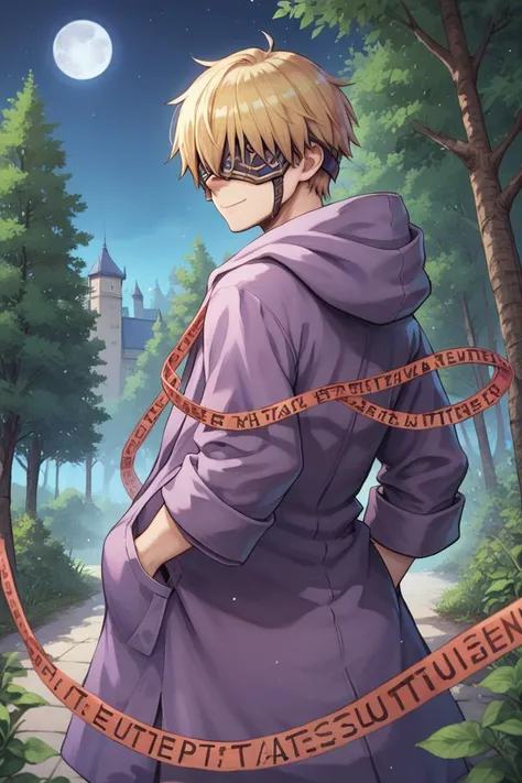 (score_9, score_8_up, score_7_up, score_6_up), source anime, BREAK, solo, <lora:Nessiah-000013:0.55> , nesdef, 1boy, blonde hair, mask, covered eyes, hooded robe, robe, purple robe, caution tape, red caution tape, chain, cuffs, exterior, forest, trees, fortress, castle, cowboy shot, night, moon, forest, zen garden, (hands in pockets), (from behind), smile, closed mouth, <lora:zy_Detailed_Backgrounds_v1:0.5> , detailed background, highly detailed, <lora:backgroundsetXL:0.4> , background, <lora:m4gXLP:0.8> , m4g,