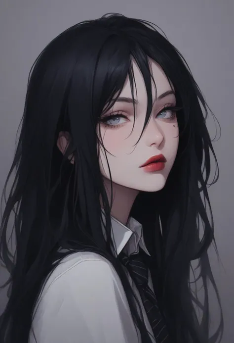 score_9, score_8_up, score_7_up,Goth girl, goth girl 1girl, 1girl,solo,long hair,looking at viewer, hair between eyes,blue eyes,shirt,black hair,jewelry,closed mouth,white shirt,necktie,collared shirt,lips,grey eyes,mole under eye,portrait,red lips, <lora:add-detail-xl:0.4> , <lora:[GP] somethingweird [Pony XL]:0.2>, <lora:g0th1cPXL:0.3>,  <lora:Goth_girl_XL-v2:0.8> ,<lora:st4t1ctvXLP:0.8>