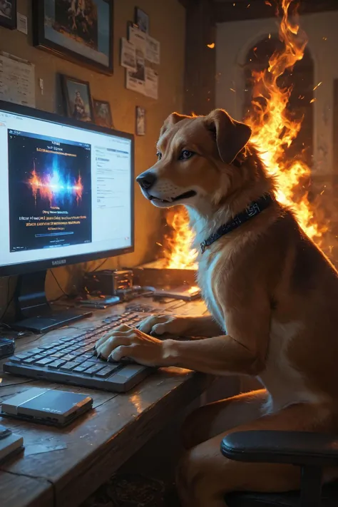 looking at viewer,detailed background,Cinematic Lighting,film grain,score_9,score_8_up,score_7_up,masterpiece,best quality,highly detailed,
<lora:(增强)sdxl_lightning_8step_lora:1>,<lora:glowneon_xl_v1:1>,glowing,<lora:Expressive_H:0.8>,Expressiveh,<lora:th3rm4lXLP:0.4>,th3rm4l,colorful,
realistic,computer,(no humans),keyboard (computer),monitor,english text,dog,(fire:1.2),animal,indoors,(burning:1.2),